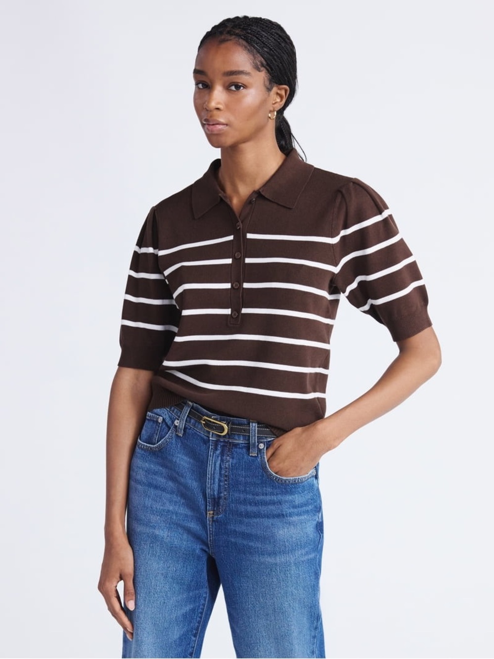 Free Assembly Striped Collared Polo Sweater Puff Sleeves Warm fudge brown large